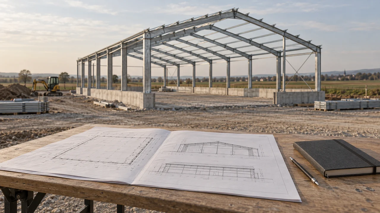 Technische Pläne im Vordergrund, dahinter eine Stahlhalle im Bau.