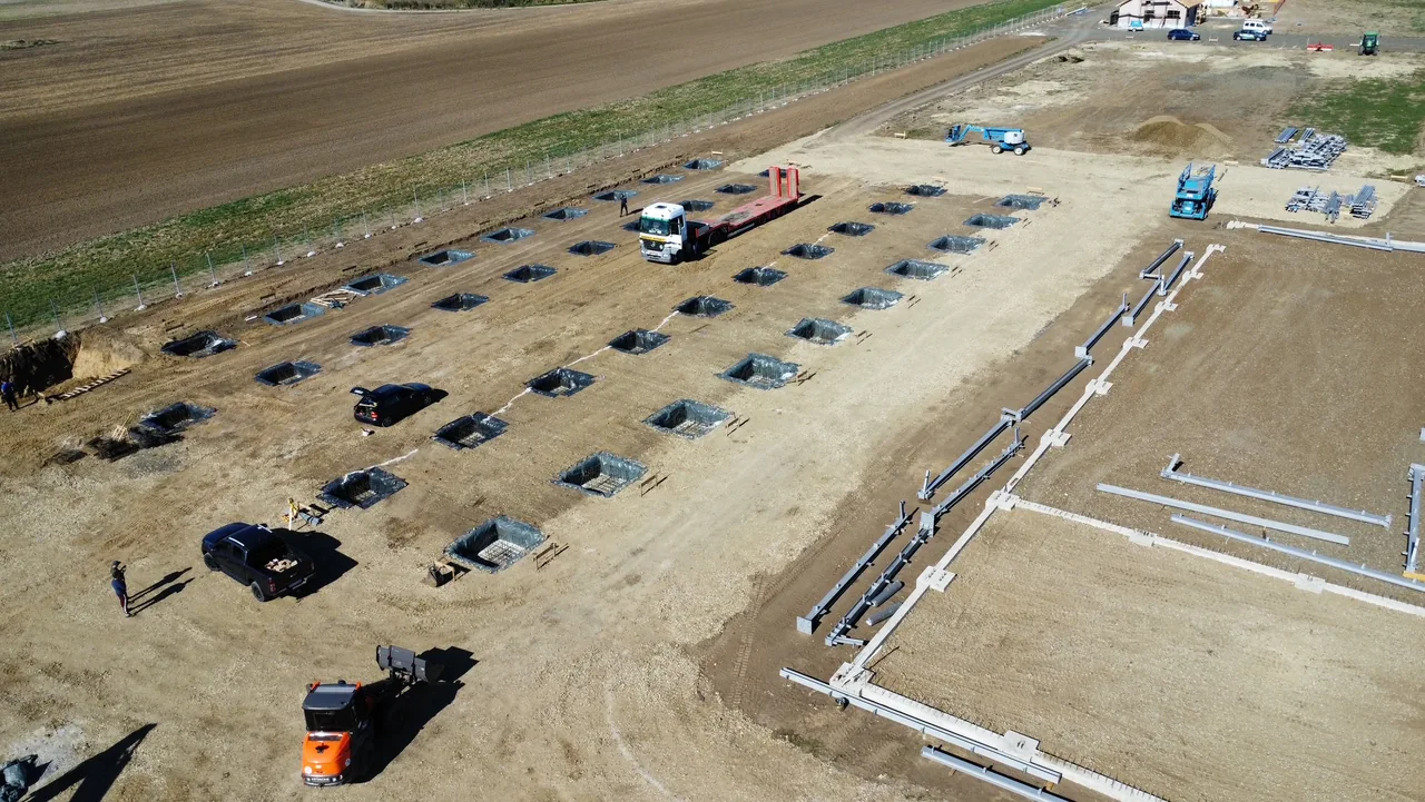 Aerial view of foundations prepared for steel structures