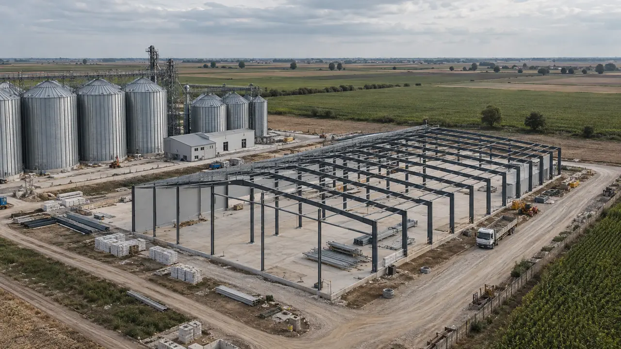 Illustrative Darstellung einer Halle im Bau neben Silos und landwirtschaftlichen Flächen