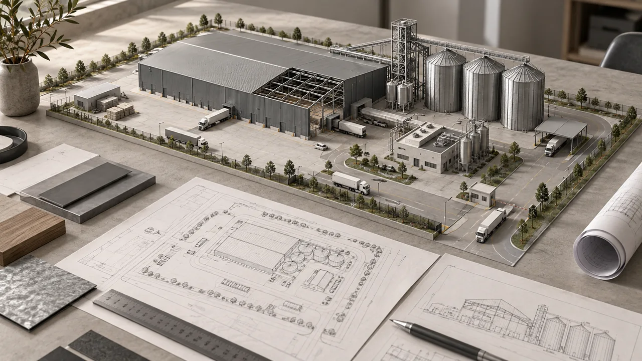 Generated concept visual: model of an industrial and agricultural facility with buildings, silos and circulation routes