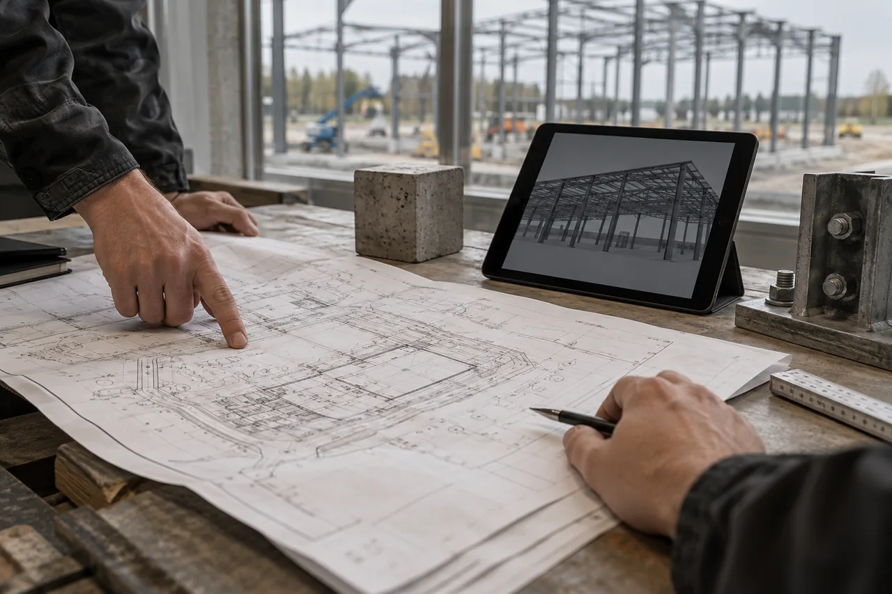 Generated concept image: plans and a structural model being assessed in an industrial site context