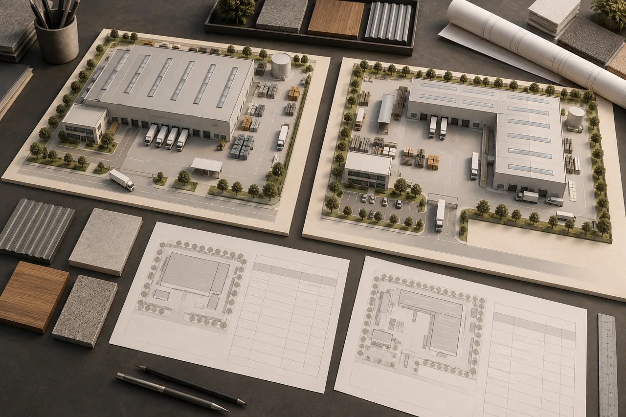 Generated concept visual: two building layout options assessed alongside cost planning